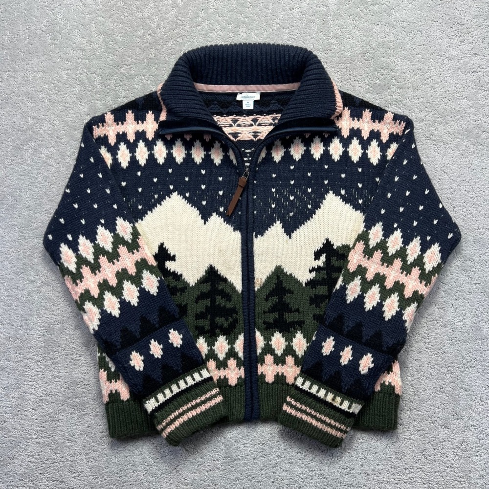 Sundance Sweater Womens M Navy Green Pink Mountain Scene Fair Isle Ski Knit